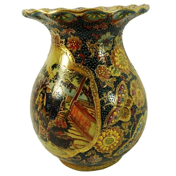 Vintage Japanese Satsuma Vase Scalloped Edges Geisha Butterfly Floral Ceramic - Picture 5 of 10
